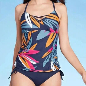 Kona Sol Size Medium Tankini Tropical Top Blue Fuschia Orange Swim Top Swim Outd